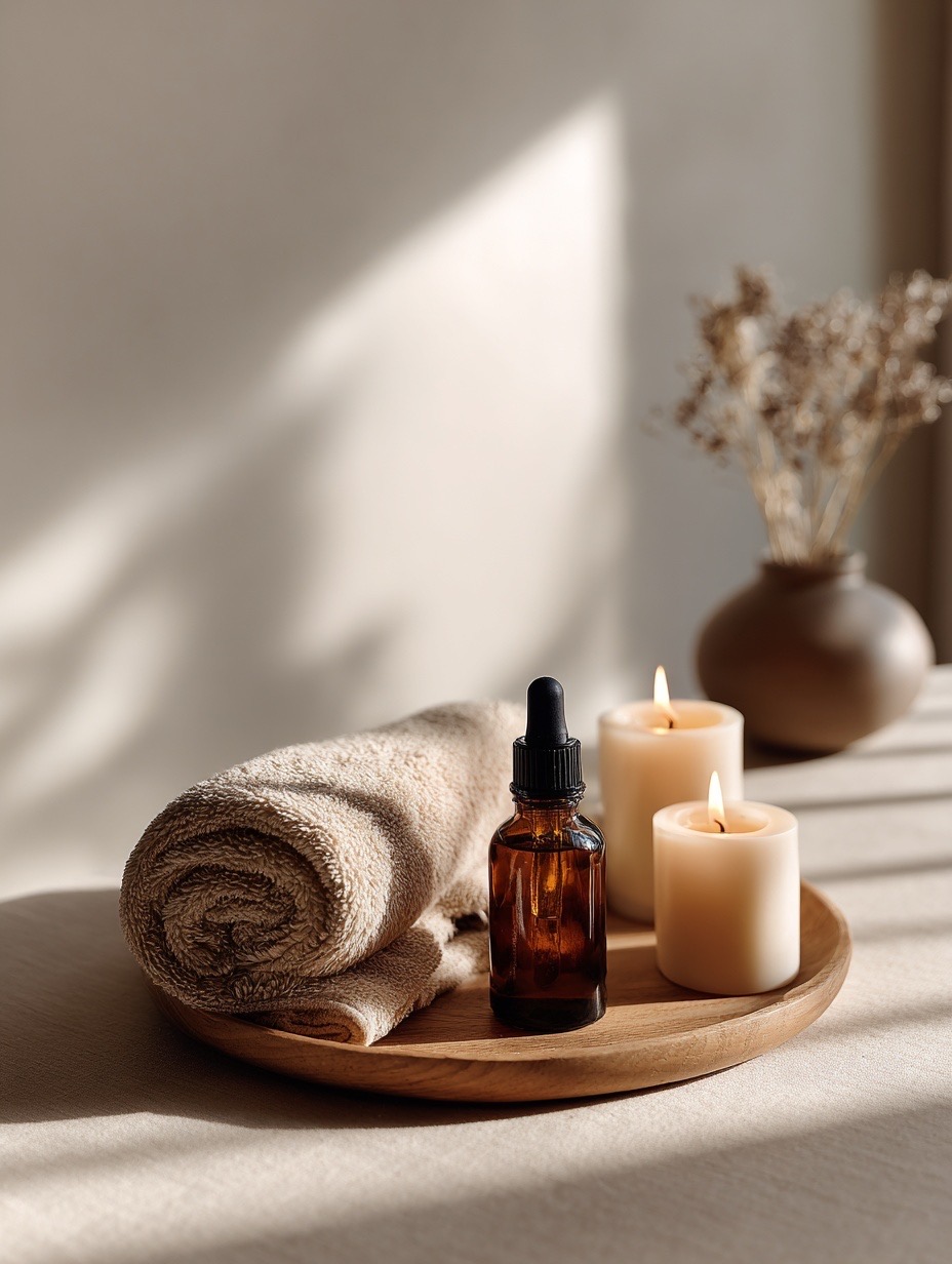 Calming spa setting with serum, candles and towel